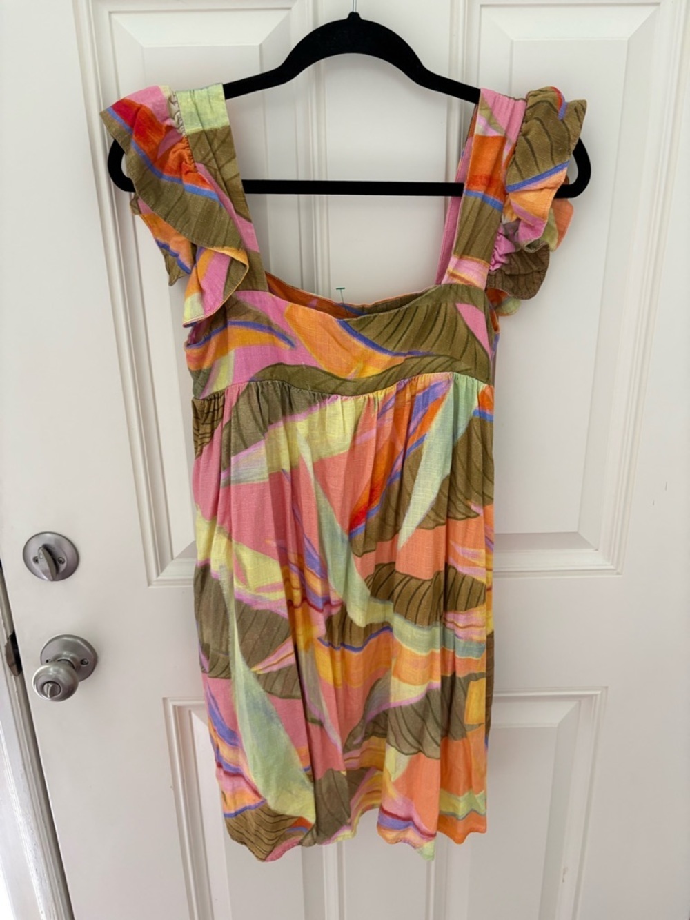Kourt Pink Green Tropical Print Square Neck Ruffled Linen Mini Dress NWT XS